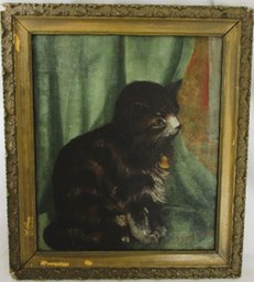 19th Century Oil On Canvas Of A Seated Cat.