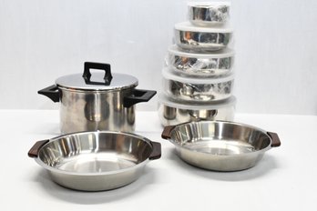 Kitchenware Lot: 2 Stainless Steel Handled Bowls (Denmark), 5 Metal Bowls With Covers, Ikea Covered Pot