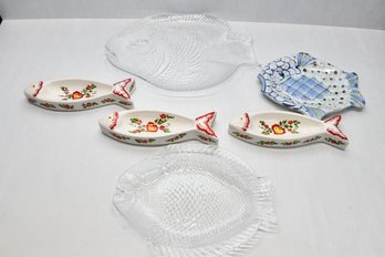 Fish Lot: 2 Large Glass Fish Plates, Pottery Fish Plate, 3 Floral Fishing Plates (Made In Portugal)