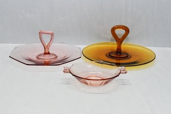 Pink Handled Plate, Amber Handled Plate, Pink Bowl