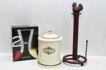 Covered Pasta Jar, Paper Towel Holder, Vinturi Wine Aerator