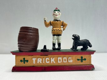 Trick Dog Clown Cast Iron Metal Mechanical Coin Bank