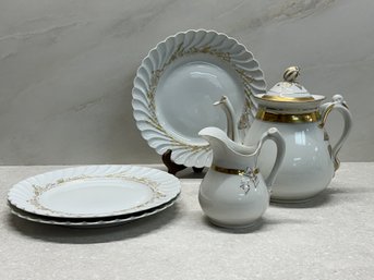 Teapot, Pitcher, And 3 Haviland Plates