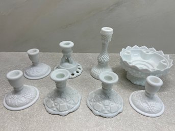 Lot Of Milkglass Candleholders