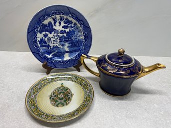 Faberge Imperial Egg Plate, Hall Teapot, Blue Willow Plate