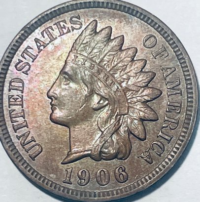 1906 INDIAN HEAD CENT PENNY COIN - RAINBOW TONING