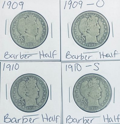 LOT (4) 1909, 1909-O, 1910 & 1910-S BARBER SILVER HALF DOLLAR COINS -IN FLIPS