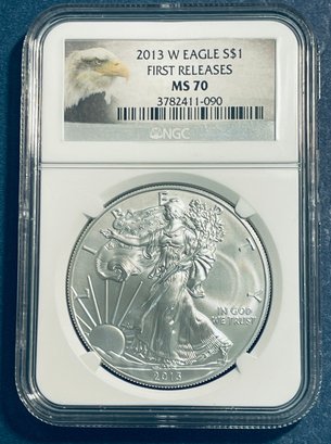 2013 W SILVER AMERICAN EAGLE $1 99.9 PERCENT FINE SILVER ROUND-WEST POINT - FIRST RELEASES-NGC GRADED -MS70