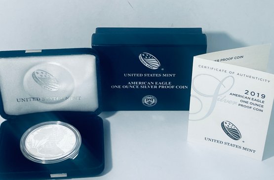 2019 S SILVER AMERICAN EAGLE PROOF .999 ONE TROY OUNCE DOLLAR COIN IN BOX & CASE!