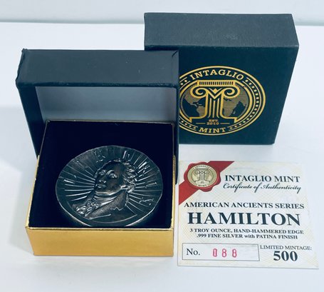 LIMITED EDITION-AMERICAN ANCIENTS SERIES-HAMILTON-3 OZT .999 FINE SILVER HAND-HAMMERED EDGE W/ PATINA FINISH