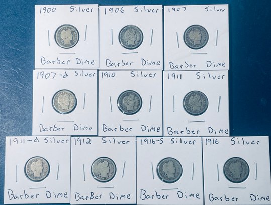 LOT (10) BARBER SILVER DIME COINS- INC:  1900, 1906, 1907, 1907-D, 1910, 1911, 1911-D, 1912, 1916-S & 1916