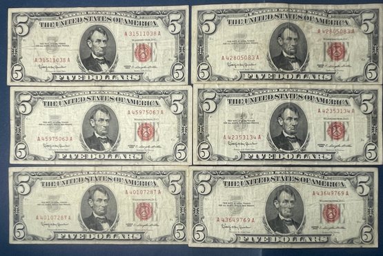 LOT (6) $5 SERIES 1963 RED SEAL UNITED STATES NOTES