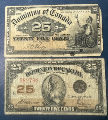 LOT (2) RARE CANADIAN 25 CENTS FRACTIONAL NOTES - 1900 & 1923