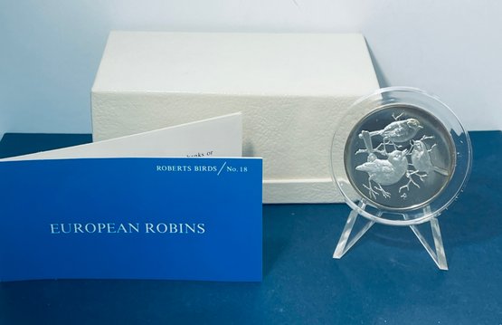 VINTAGE 1971 FRANKLIN MINT ROBERTS EUROPEAN ROBINS 2 OZ. STERLING SILVER ROUND-IN BOX & DISPLAY-TONED