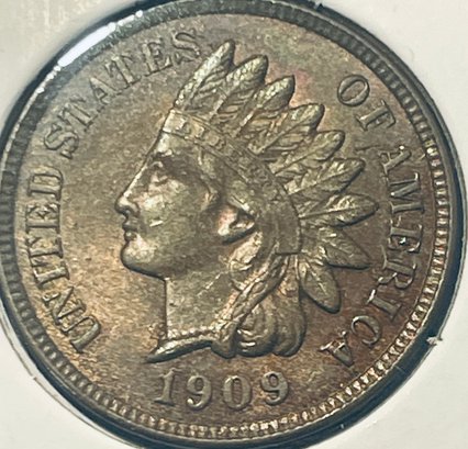1909 INDIAN HEAD CENT PENNY COIN - UNCIRCULATED - RAINBOW TONING - IN FLIP