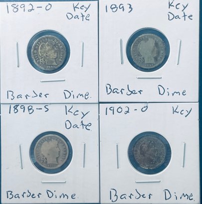 LOT (4) BARBER SILVER DIME COINS- LOW MINTAGE YEARS - INCLUDES:  1892-O, 1893, 1898-S & 1902-O