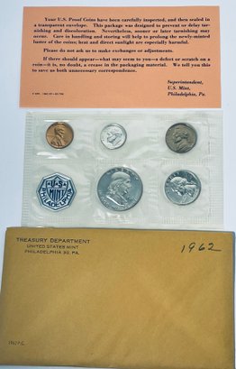1962 US MINT 90 PERCENT SILVER PROOF SET -  ORIGINAL ENVELOPE (WORN) - INCLUDES 5 COINS