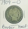 LOT (4) 1909, 1909-O, 1910 & 1910-S BARBER SILVER HALF DOLLAR COINS -IN FLIPS