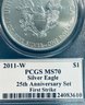 2011 W SILVER AMERICAN EAGLE $1 99.9 PERCENT FINE SILVER-25TH ANNIV SET-FIRST STRIKE-PCGS MS70-JOHN M MERCANTI
