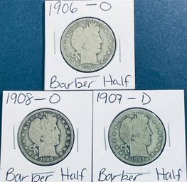 LOT (3) 1906-O, 1907-D & 1908-O BARBER SILVER HALF DOLLAR COINS -IN FLIPS