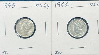 LOT (2) MERCURY SILVER DIME COINS - 1943 & 1944 - BU/ BRILLIANT UNCRICULATED!