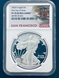2020 S SILVER AMERICAN EAGLE $1 99.9 FINE- FIRST DAY OF ISSUE  -NGC GRADED- PF 70 ULTRA CAMEO