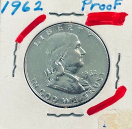 1962 PROOF FRANKLIN SILVER HALF DOLLAR COIN IN FLIP