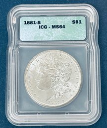 1881-S MORGAN SILVER DOLLAR COIN - ICG GRADED MS 64