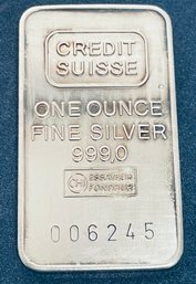 CREDIT SUISSE 1 OZT.  99.9 PERCENT FINE SILVER BAR - SOME TONING