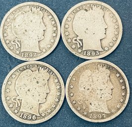 LOT (4) BARBER SILVER QUARTER DOLLAR COINS - 1892, 1893, 1896 & 1897