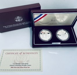 UNITED STATES MINT SET OF 2 1995 SILVER ONE DOLLAR PROOF ATLANTA CENTENNIAL OLYMPIC GAMES COINS  IN BOX, CASE