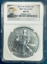 2012 W SILVER AMERICAN EAGLE $1 99.9 PERCENT FINE SILVER ROUND-WEST POINT - FIRST RELEASES -NGC GRADED -MS70