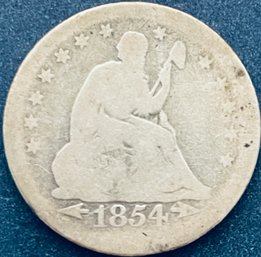 1854 SEATED LIBERTY SILVER QUARTER DOLLAR COIN