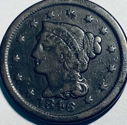 1846 BRAIDED HAIR LARGE CENT PENNY COIN IN FLIP