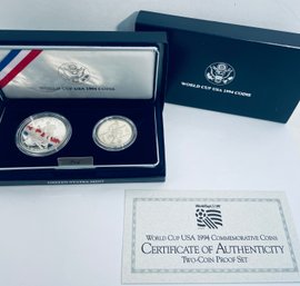 1994 UNITED STATES WORLD CUP USA COMMEMORATIVE TWO-COIN PROOF SET - IN BOX, CASE & COA