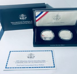 1999 YELLOWSTONE PARK TWO COIN PROOF & UNCIRCULATED SILVER DOLLARS US MINT IN BOX & COA - BOX DAMAGED