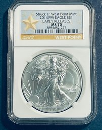 2014 W SILVER AMERICAN EAGLE $1 99.9 FINE SILVER -WEST POINT - EARLY RELEASES-NGC GRADED -MS70-GOLD STAR LABEL