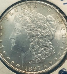 1897 MORGAN SILVER DOLLAR COIN - BU/ BRILLIANT UNCIRCULATED - IN FLIP