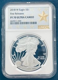 2018 W SILVER AMERICAN EAGLE $1 99.9 FINE- FIRST RELEASES -NGC GRADED- PF 70 ULTRA CAMEO - GOLD STAR