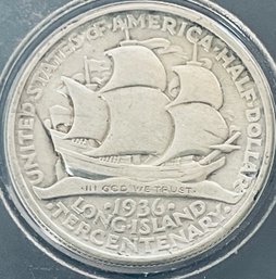 RARE!  1936 LONG ISLAND COMMEMORATIVE SILVER HALF DOLLAR COIN - IN PLASTIC CASE