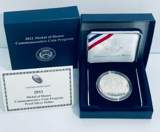 UNITED STATES MINT 2011 MEDAL OF HONOR COMMEMORATIVE PROOF SILVER DOLLAR COIN IN BOX, CASE W/ COA
