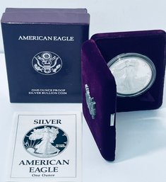 1990 US MINT SILVER AMERICAN EAGLE PROOF .999 ONE TROY OUNCE DOLLAR COIN W/ COA, BOX AND CASE! DAMAGED CAPSULE