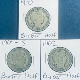 LOT (3) 1900, 1901-S & 1902 BARBER SILVER HALF DOLLAR COINS -IN FLIPS
