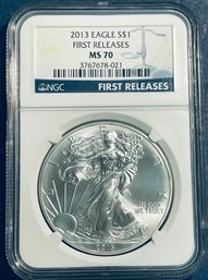 2013 SILVER AMERICAN EAGLE $1 99.9 PERCENT FINE SILVER ROUND-FIRST RELEASES-NGC GRADED -MS70