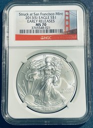 2013 S SILVER AMERICAN EAGLE $1 99.9 PERCENT FINE SILVER ROUND-SAN FRAN MINT- EARLY RELEASES-NGC GRADED -MS70