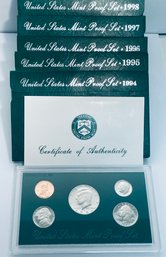 LOT(5) UNITED STATES PROOF SETS IN ORIGINAL BOXES- INCLUDES: 1994, 1995, 1996, 1997 & 1998
