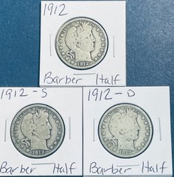 LOT (3) 1912, 1912-D & 1912-S BARBER SILVER HALF DOLLAR COIN -IN FLIPS