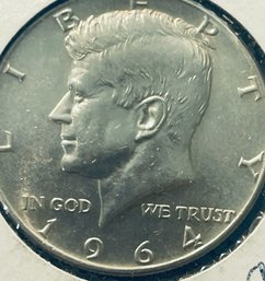 1964 UNITED STATES SILVER KENNEDY HALF DOLLAR COIN - UNCIRCULATED - IN FLIP