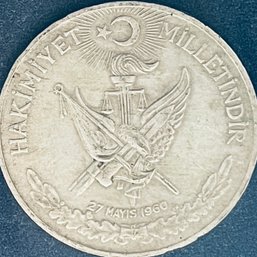 1960 TURKISH SILVER ONE LIRA COIN