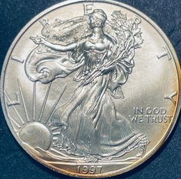 1997 US SILVER AMERICAN EAGLE - 1 0ZT 99.9 FINE SILVER DOLLAR COIN - TONED
